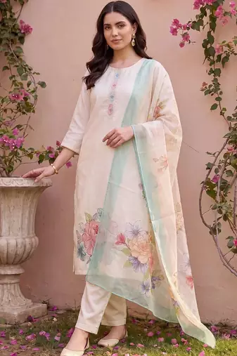 women floral printed regular thread work kurta with trousers & with dupatta