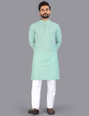 Sea green rayon chikankari lucknowi schifli work kurta pajama 1