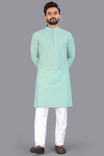 Sea green rayon chikankari lucknowi schifli work kurta pajama