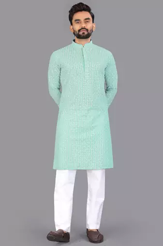 Sea green rayon chikankari lucknowi schifli work kurta pajama