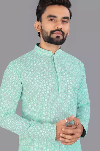Sea green rayon chikankari lucknowi schifli work kurta pajama