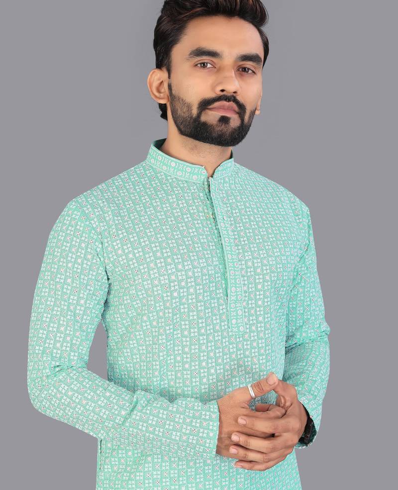 Sea green rayon chikankari lucknowi schifli work kurta pajama