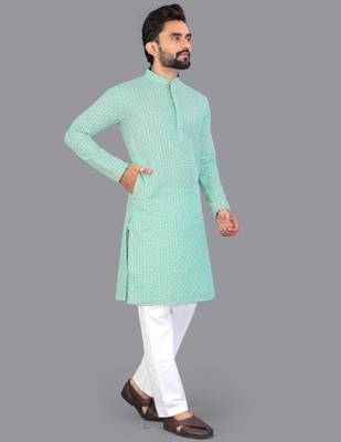 Sea green rayon chikankari lucknowi schifli work kurta pajama 3