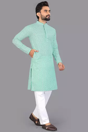 Sea green rayon chikankari lucknowi schifli work kurta pajama