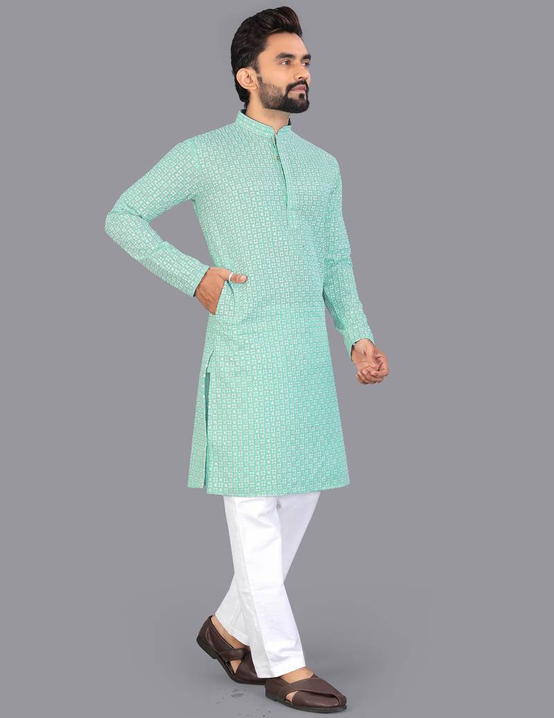 Sea green rayon chikankari lucknowi schifli work kurta pajama
