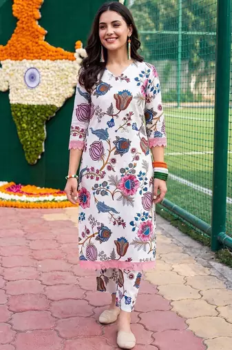 women floral printed regular cotton kurta with trousers
