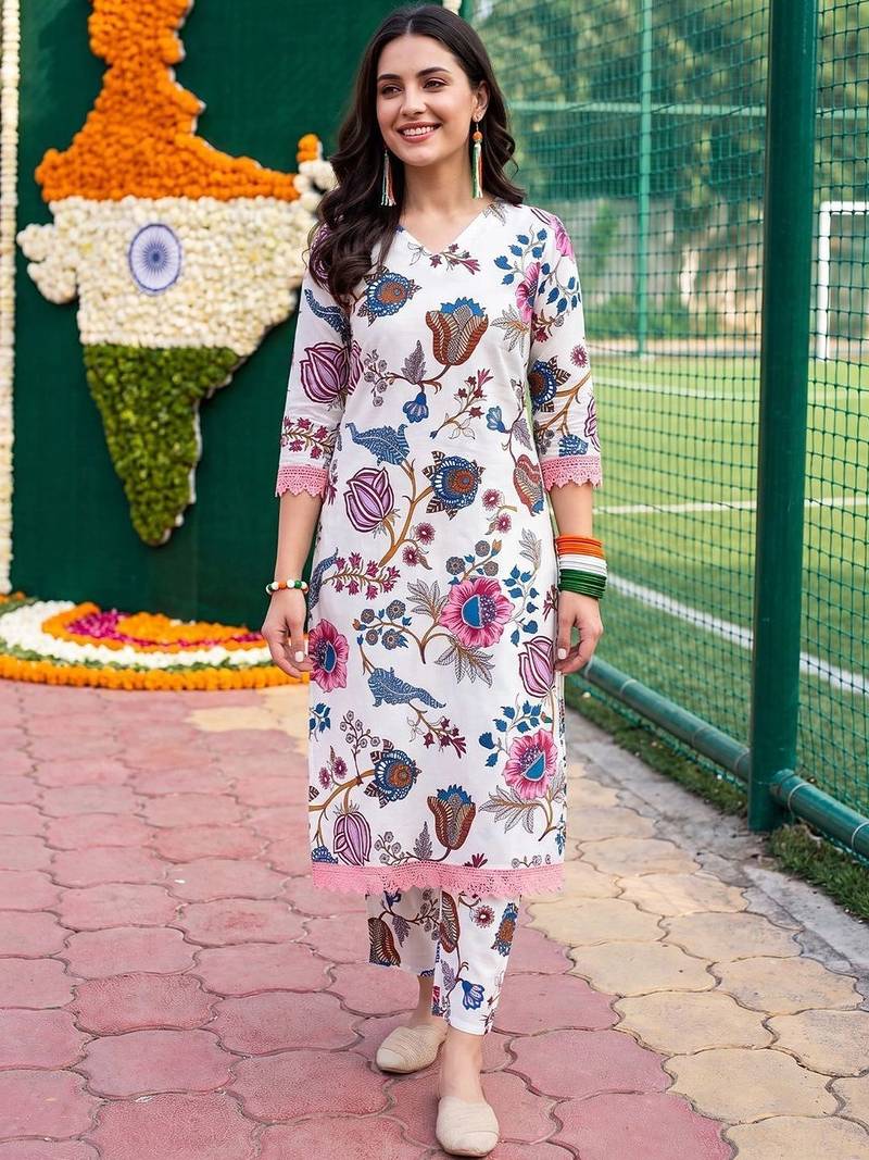 women floral printed regular cotton kurta with trousers