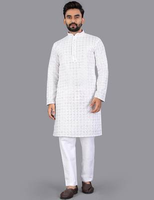 White rayon chikankari lucknowi schifli work kurta pajama 1