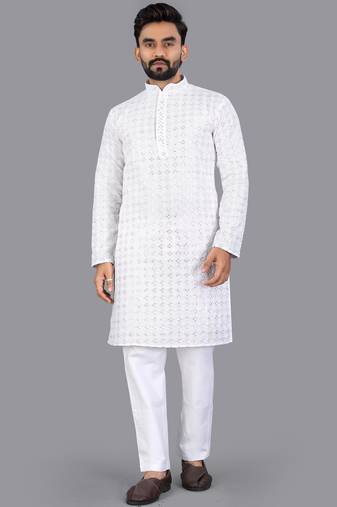 White rayon chikankari lucknowi schifli work kurta pajama