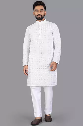 White rayon chikankari lucknowi schifli work kurta pajama