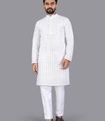 White rayon chikankari lucknowi schifli work kurta pajama