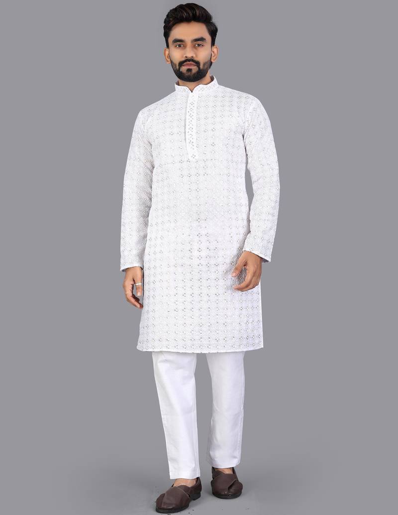 White rayon chikankari lucknowi schifli work kurta pajama