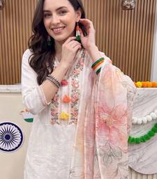 women floral embroidered regular thread work cotton kurta with trousers & with dupatta