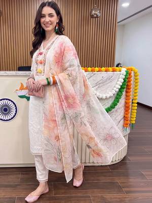 women floral embroidered regular thread work cotton kurta with trousers & with dupatta 1
