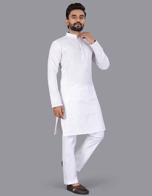 White rayon chikankari lucknowi schifli work kurta pajama 2