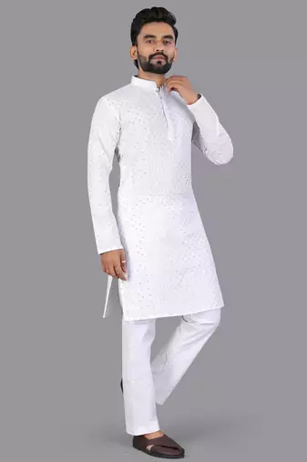 White rayon chikankari lucknowi schifli work kurta pajama