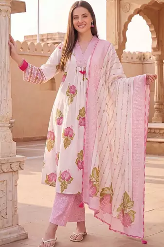 women floral printed regular cotton kurta with trousers & with dupatta