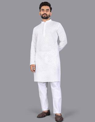 White rayon chikankari lucknowi schifli work kurta pajama 3