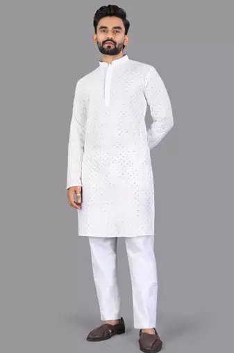 White rayon chikankari lucknowi schifli work kurta pajama