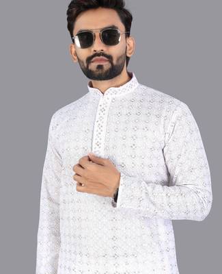 White rayon chikankari lucknowi schifli work kurta pajama 4