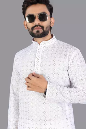 White rayon chikankari lucknowi schifli work kurta pajama