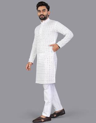 White rayon chikankari lucknowi schifli work kurta pajama 5