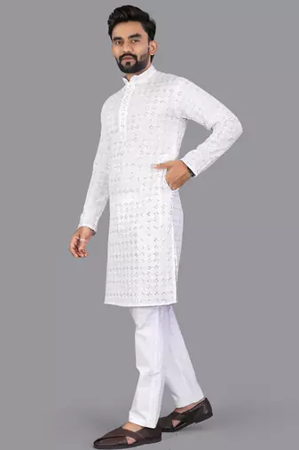 White rayon chikankari lucknowi schifli work kurta pajama