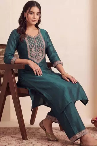 women ethnic motifs embroidered regular thread work liva kurta with trousers