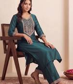 women ethnic motifs embroidered regular thread work liva kurta with trousers