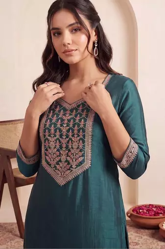 women ethnic motifs embroidered regular thread work liva kurta with trousers