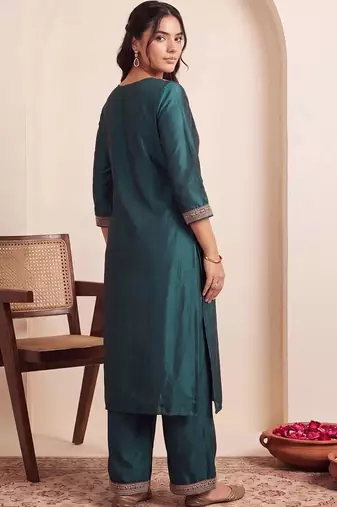 women ethnic motifs embroidered regular thread work liva kurta with trousers