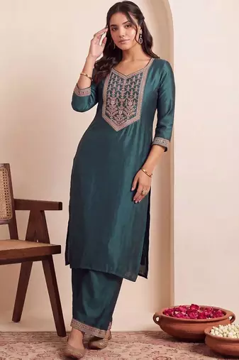 women ethnic motifs embroidered regular thread work liva kurta with trousers