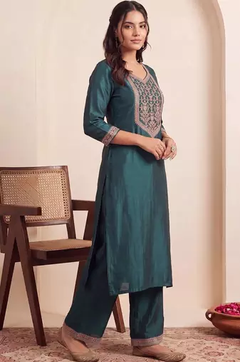 women ethnic motifs embroidered regular thread work liva kurta with trousers