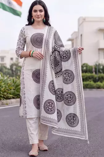 women ethnic motifs printed regular cotton kurta with trousers & with dupatta