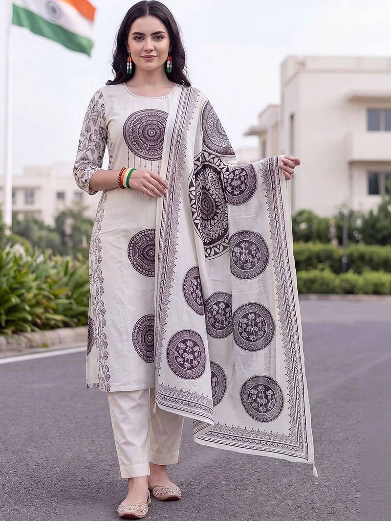 women ethnic motifs printed regular cotton kurta with trousers & with dupatta