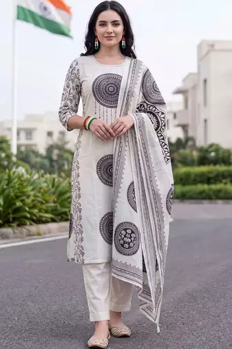 women ethnic motifs printed regular cotton kurta with trousers & with dupatta
