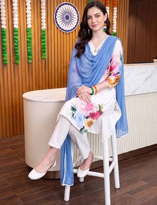 women floral printed regular linen kurta with trousers & with dupatta 1