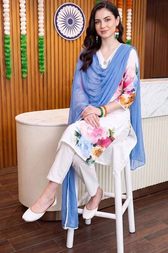 women floral printed regular linen kurta with trousers & with dupatta