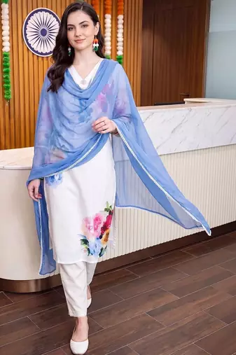 women floral printed regular linen kurta with trousers & with dupatta