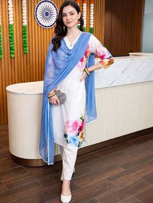 women floral printed regular linen kurta with trousers & with dupatta 5