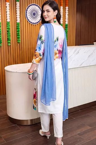 women floral printed regular linen kurta with trousers & with dupatta