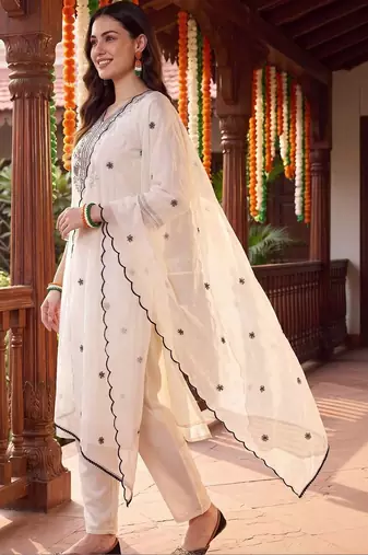 women ethnic motifs embroidered regular thread work kurta with trousers & with dupatta