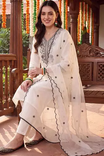 women ethnic motifs embroidered regular thread work kurta with trousers & with dupatta