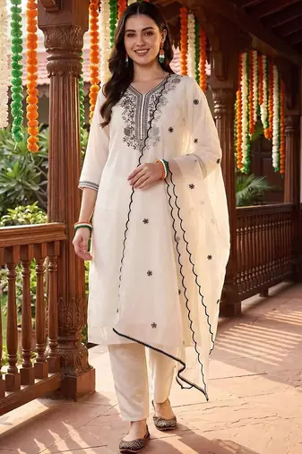 women ethnic motifs embroidered regular thread work kurta with trousers & with dupatta