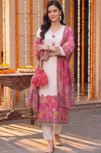 women ethnic motifs printed regular kurta with trousers & with dupatta