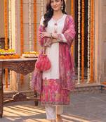 women ethnic motifs printed regular kurta with trousers & with dupatta