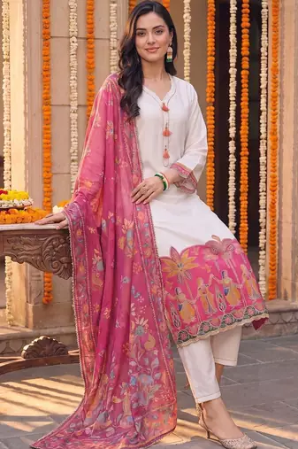 women ethnic motifs printed regular kurta with trousers & with dupatta