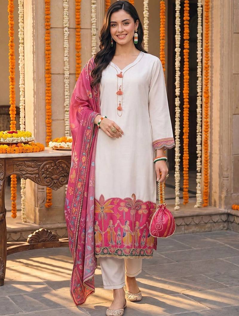 women ethnic motifs printed regular kurta with trousers & with dupatta