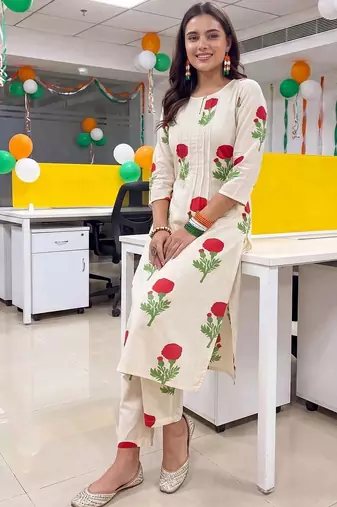 women floral printed regular cotton kurta with trousers