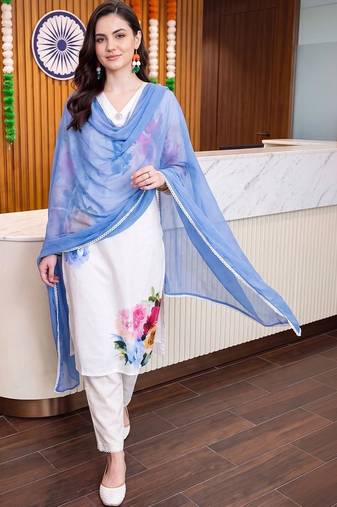 women floral printed regular linen kurta with trousers & with dupatta